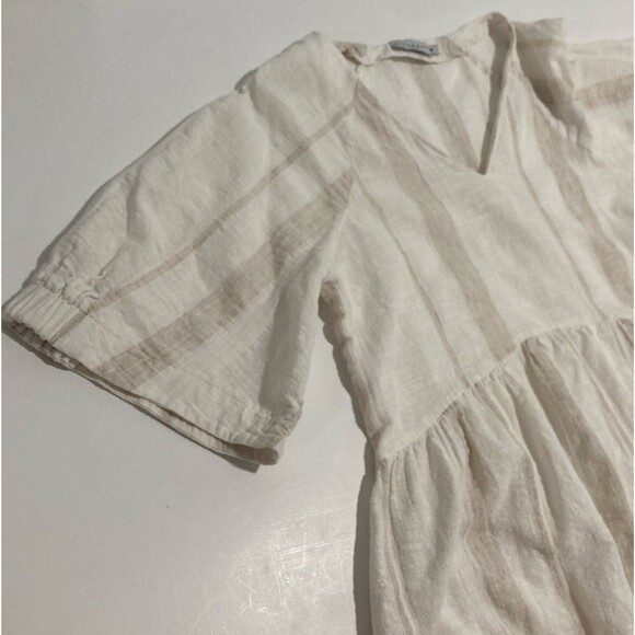 100% Linen Beige Stripe Short Sleeve Maxi Dress Harshman Los Angeles Sz Medium - Picture 9 of 11